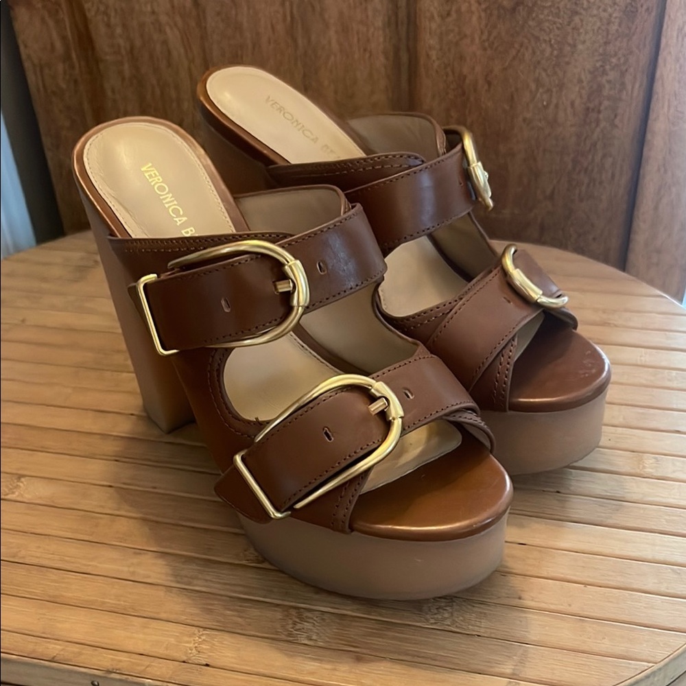 Veronica Beard Brown Platform Mules with Gold Buckles